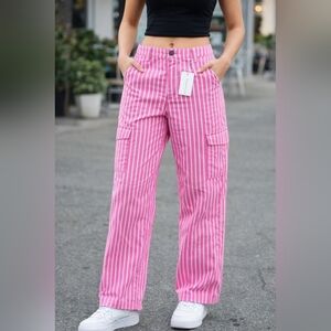 Anniewear NWT Pink and White Striped Cargo Pants XL Waist 18 Waisg Flat